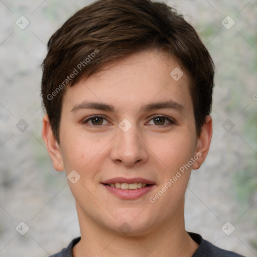 Joyful white young-adult female with short  brown hair and grey eyes