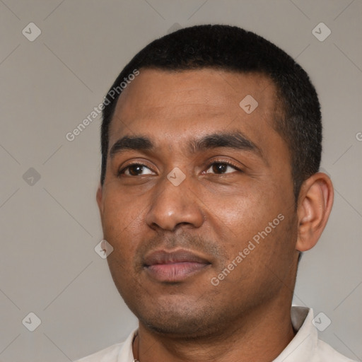 Neutral black young-adult male with short  black hair and brown eyes
