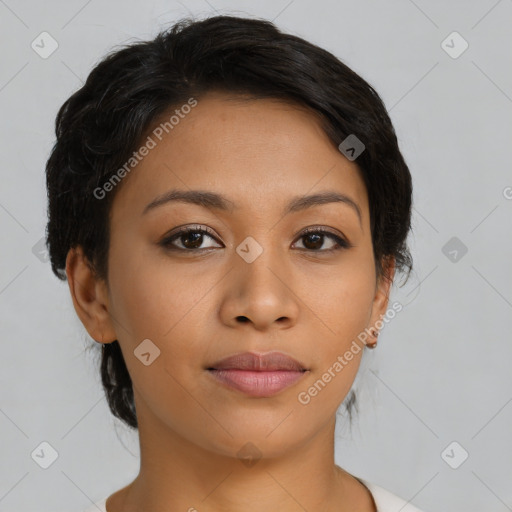 Joyful latino young-adult female with short  brown hair and brown eyes