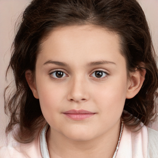 Joyful white child female with medium  brown hair and brown eyes