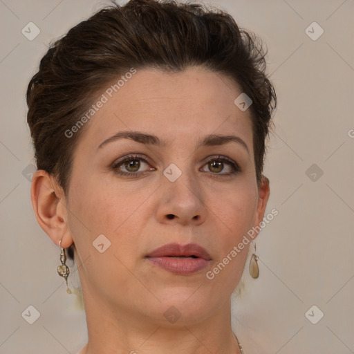 Neutral white young-adult female with short  brown hair and brown eyes