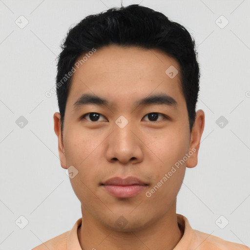 Neutral asian young-adult male with short  black hair and brown eyes