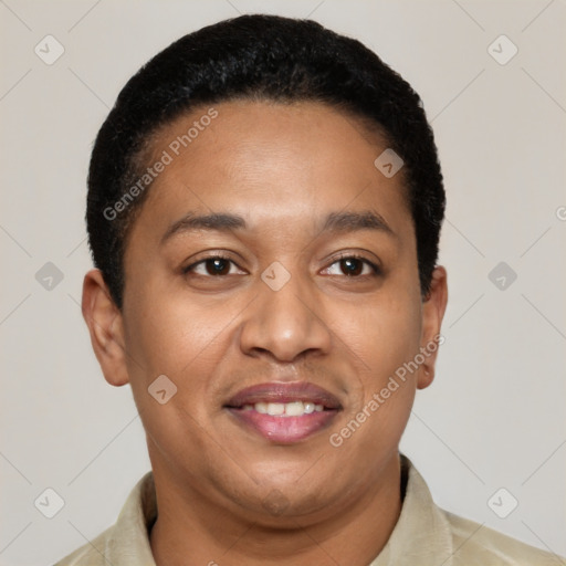 Joyful latino young-adult male with short  brown hair and brown eyes