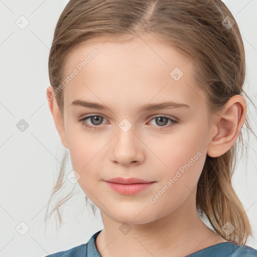 Joyful white child female with medium  brown hair and brown eyes