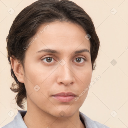 Neutral white young-adult female with medium  brown hair and brown eyes