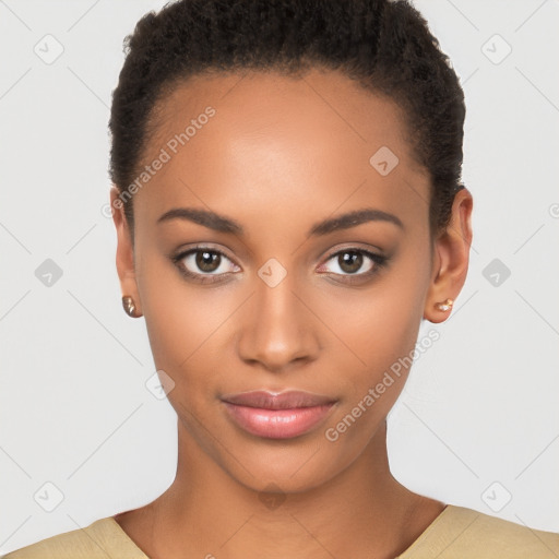 Joyful black young-adult female with short  brown hair and brown eyes