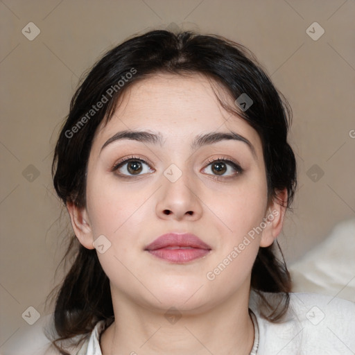 Neutral white young-adult female with medium  brown hair and brown eyes