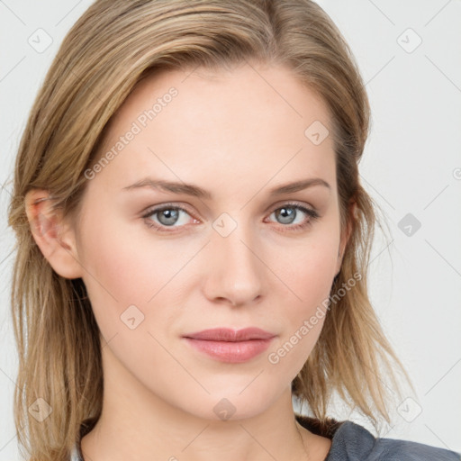 Neutral white young-adult female with medium  brown hair and blue eyes