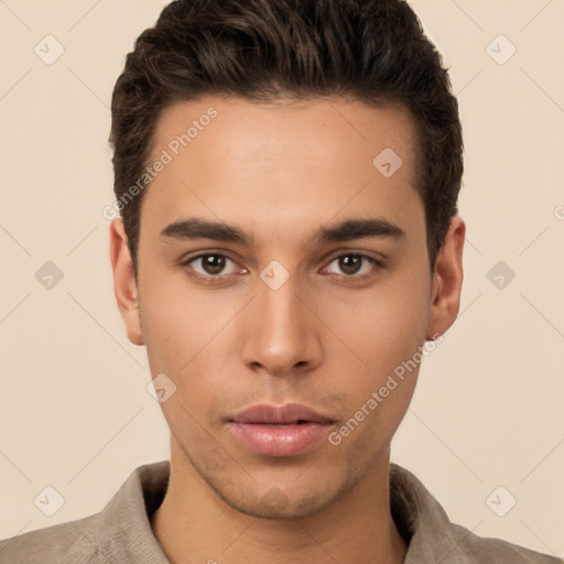 Neutral white young-adult male with short  brown hair and brown eyes