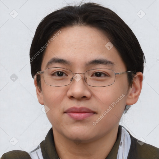 Neutral white young-adult female with medium  brown hair and brown eyes