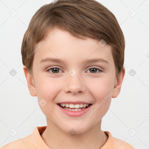 Joyful white child male with short  brown hair and brown eyes