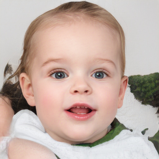 Joyful white child female with medium  brown hair and blue eyes