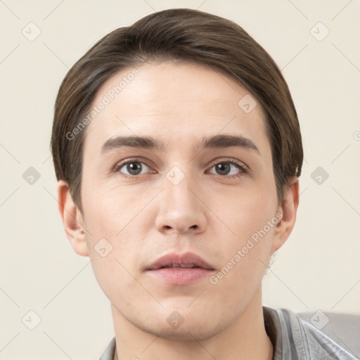 Neutral white young-adult male with short  brown hair and brown eyes