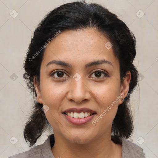 Joyful latino young-adult female with medium  brown hair and brown eyes