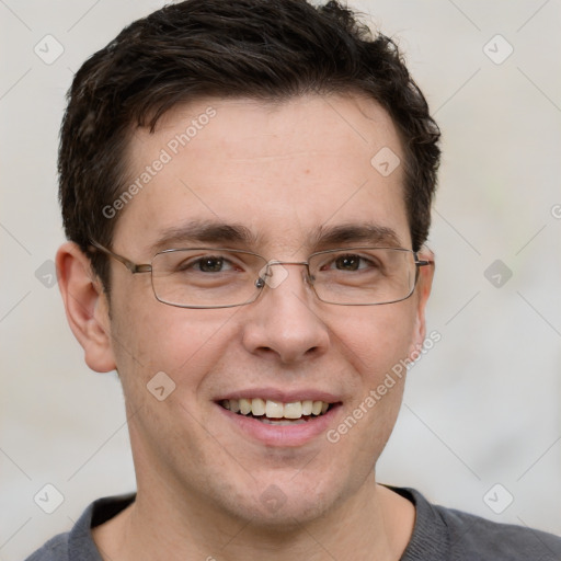 Joyful white adult male with short  brown hair and grey eyes