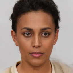 Neutral black young-adult female with short  brown hair and brown eyes