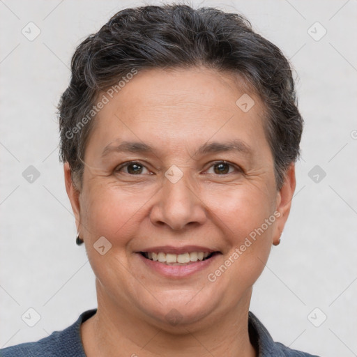 Joyful white adult female with short  brown hair and brown eyes