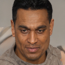 Joyful black adult male with short  brown hair and brown eyes