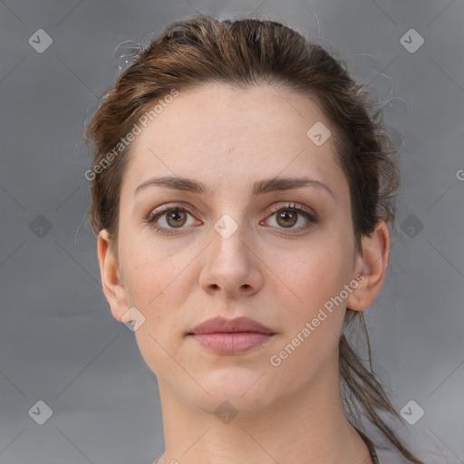 Neutral white young-adult female with short  brown hair and brown eyes