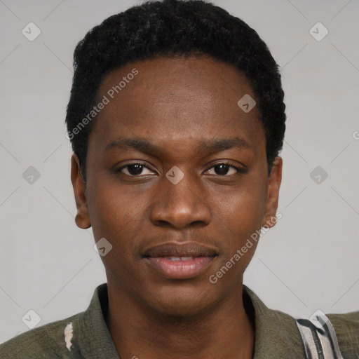 Neutral black young-adult male with short  black hair and brown eyes