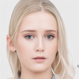 Neutral white young-adult female with long  blond hair and blue eyes