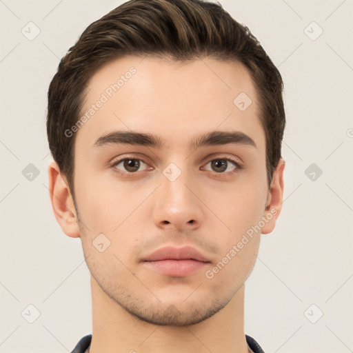 Neutral white young-adult male with short  brown hair and brown eyes