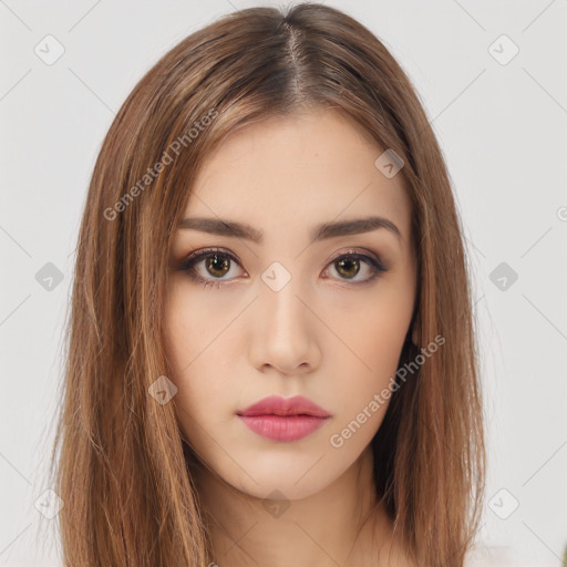 Neutral white young-adult female with long  brown hair and brown eyes