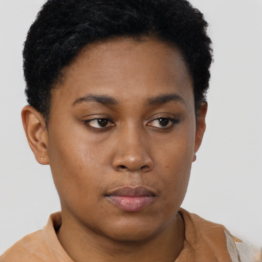 Neutral latino young-adult female with short  brown hair and brown eyes