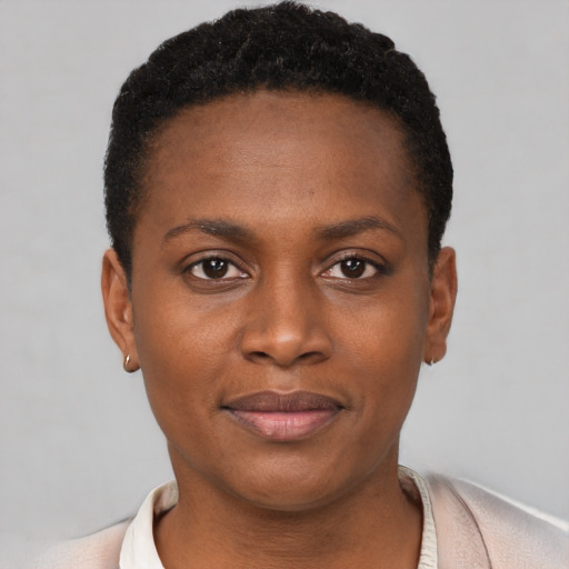 Joyful black young-adult female with short  brown hair and brown eyes