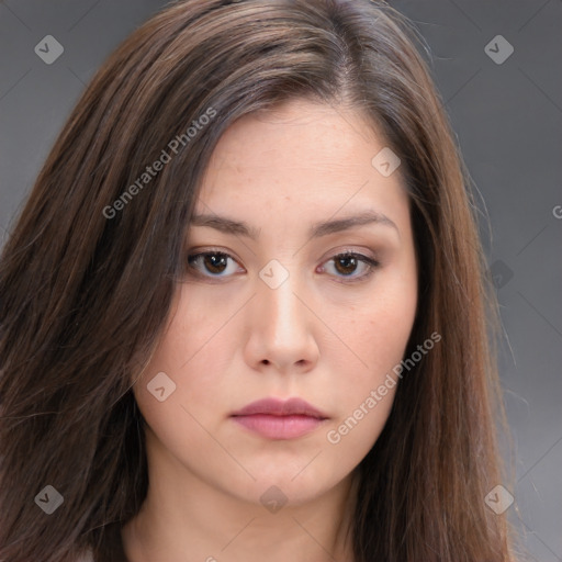 Neutral white young-adult female with long  brown hair and brown eyes