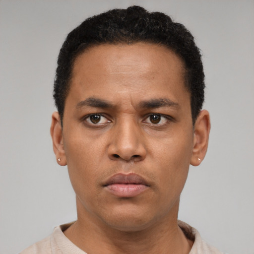 Neutral latino young-adult male with short  black hair and brown eyes
