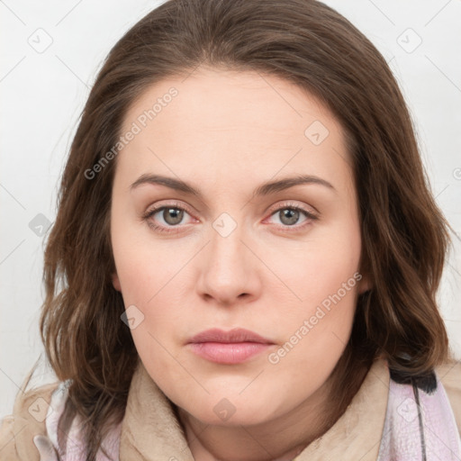 Neutral white young-adult female with medium  brown hair and grey eyes