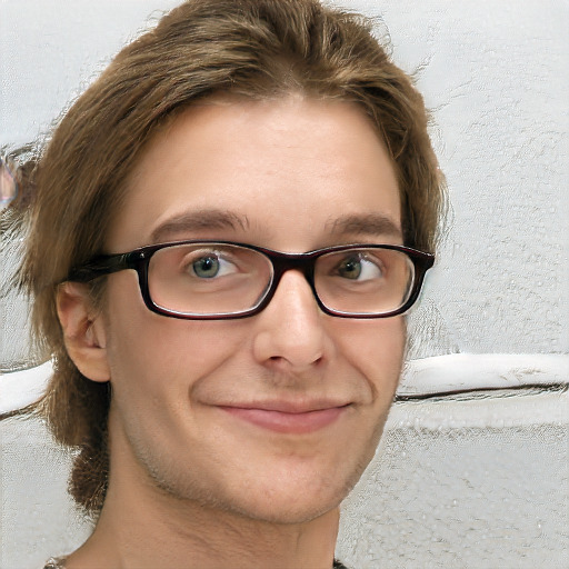 Joyful white adult male with short  brown hair and blue eyes