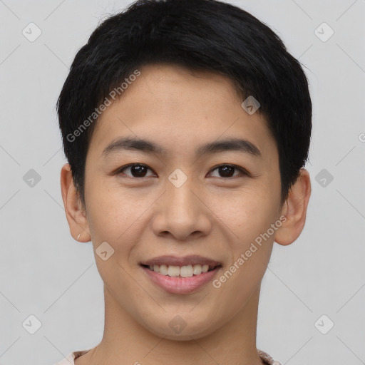 Joyful asian young-adult male with short  black hair and brown eyes