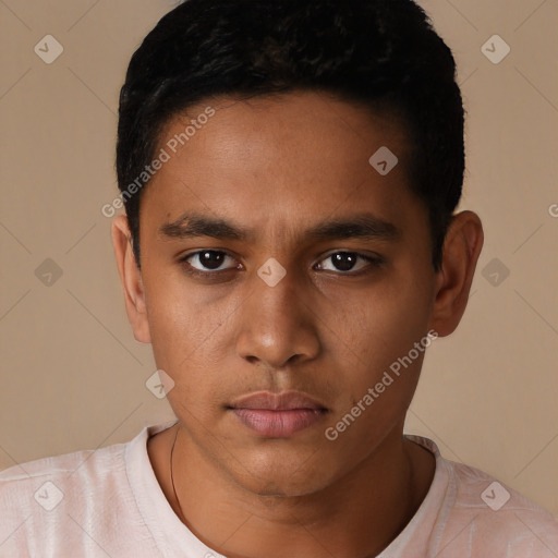 Neutral white young-adult male with short  black hair and brown eyes