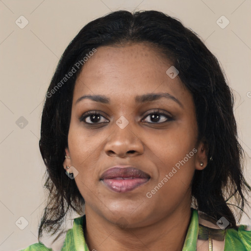 Joyful asian young-adult female with medium  black hair and brown eyes