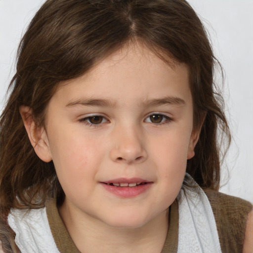 Joyful white child female with medium  brown hair and brown eyes