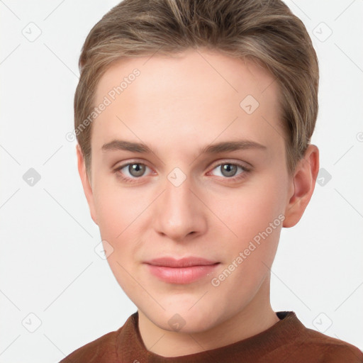 Joyful white young-adult female with short  brown hair and grey eyes