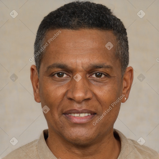 Joyful black adult male with short  brown hair and brown eyes