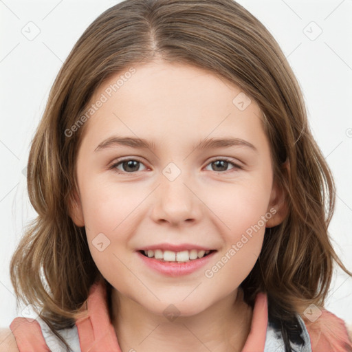 Joyful white child female with medium  brown hair and brown eyes