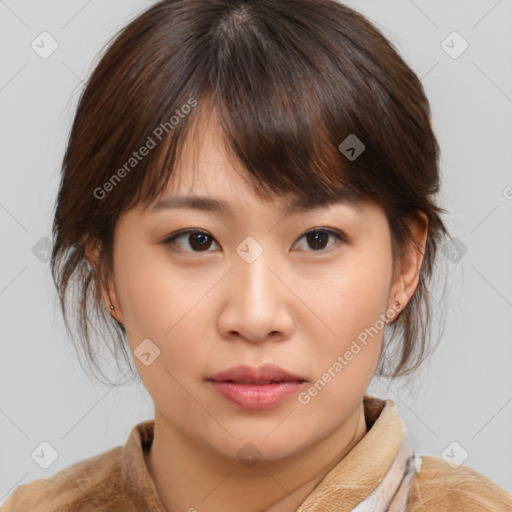 Neutral asian young-adult female with medium  brown hair and brown eyes