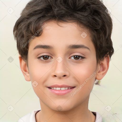 Joyful white child male with short  brown hair and brown eyes