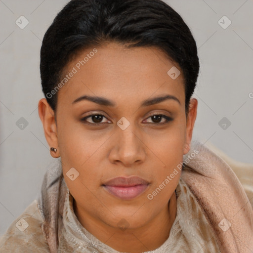 Joyful asian young-adult female with short  brown hair and brown eyes