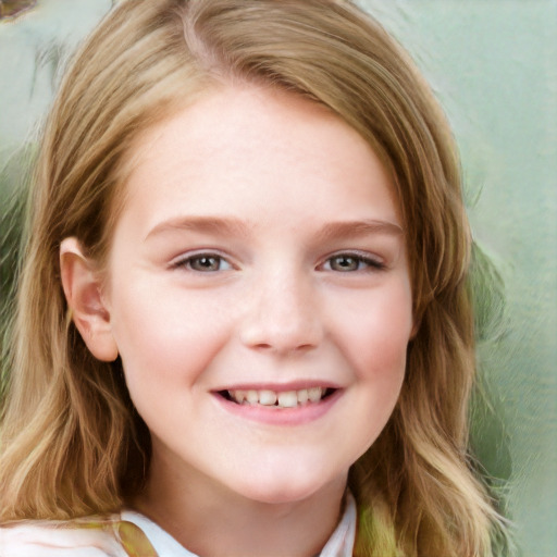 Joyful white child female with medium  brown hair and grey eyes