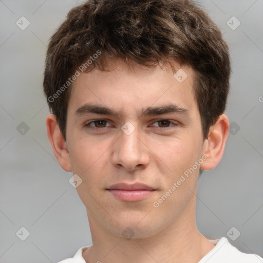 Neutral white young-adult male with short  brown hair and brown eyes