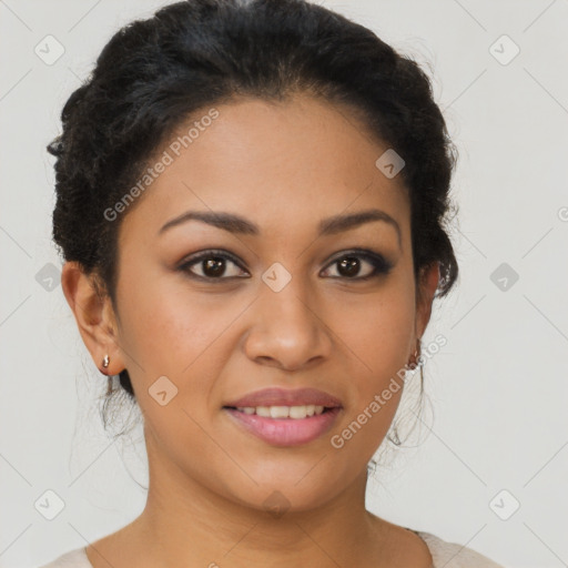 Joyful latino young-adult female with short  brown hair and brown eyes