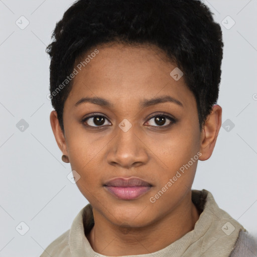 Neutral black young-adult female with short  black hair and brown eyes