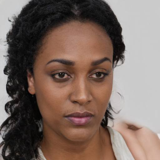 Neutral latino young-adult female with long  brown hair and brown eyes