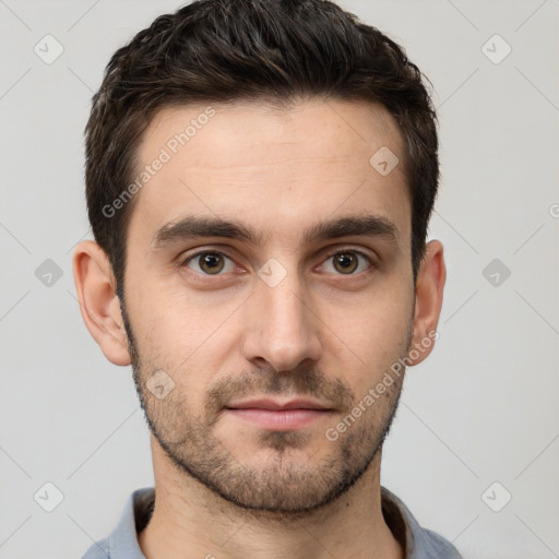 Neutral white young-adult male with short  brown hair and brown eyes