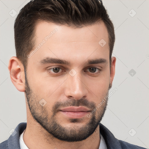 Neutral white young-adult male with short  brown hair and brown eyes